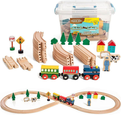 Wooden Train Set 35 Piece All in One Wooden Toy Train Tracks Set with Magnetic Trains and Railway Accessories, Comes in A Clear Container, Compatible with All Major Brands