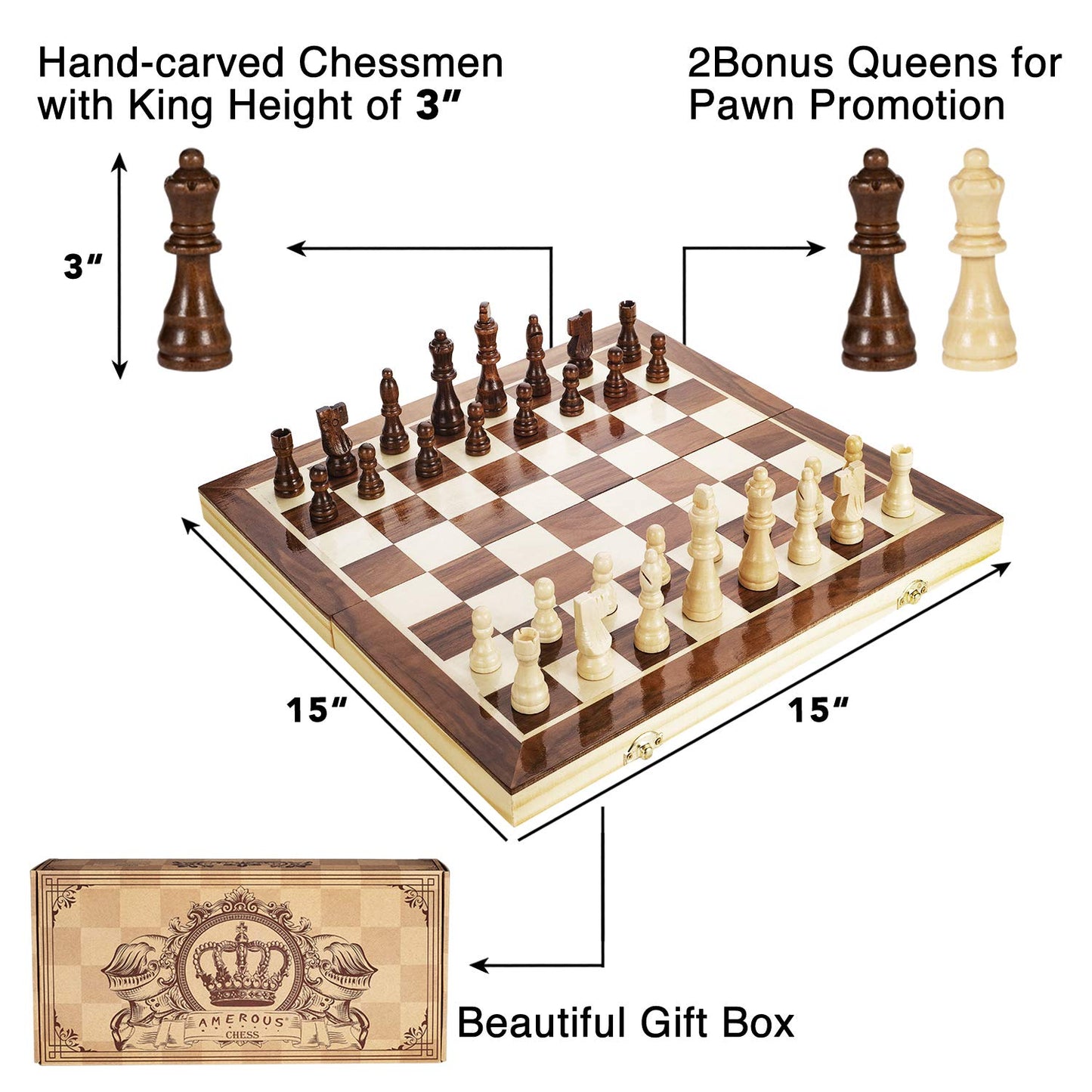 AMEROUS 15 Inches Magnetic Wooden Chess Set - 2 Extra Queens - Folding Board - Pieces Storage Slots, Handmade Portable Travel Chess Game - Beginner Chess Set for Kids, 6 up Age