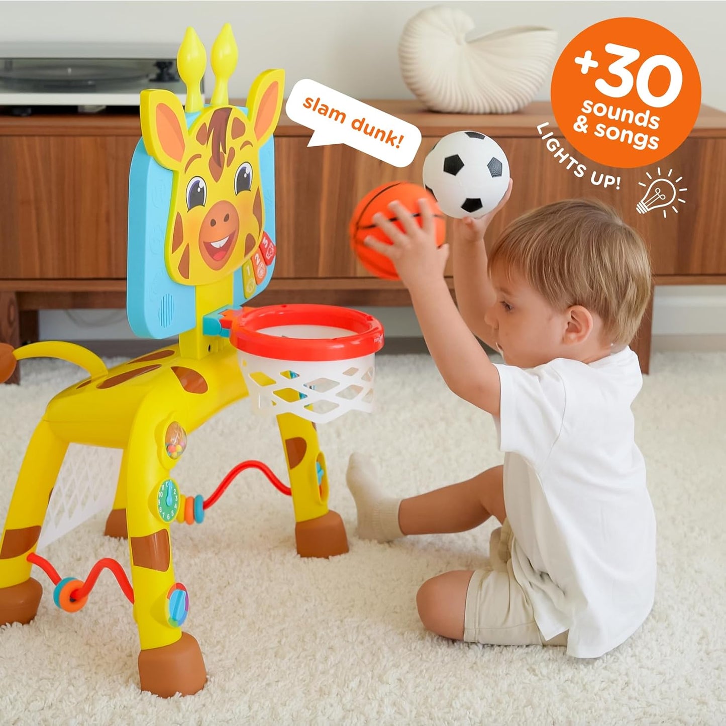 Move2Play, Giraffe Basketball Hoop & Soccer Goal Activity Center | 30+ Sounds & Lights | 1, 2, 3+ Year Old Christmas Gift & Birthday Present | 6, 12, 18, 24+ Month Toy For Baby, Toddler, Boys, & Girls