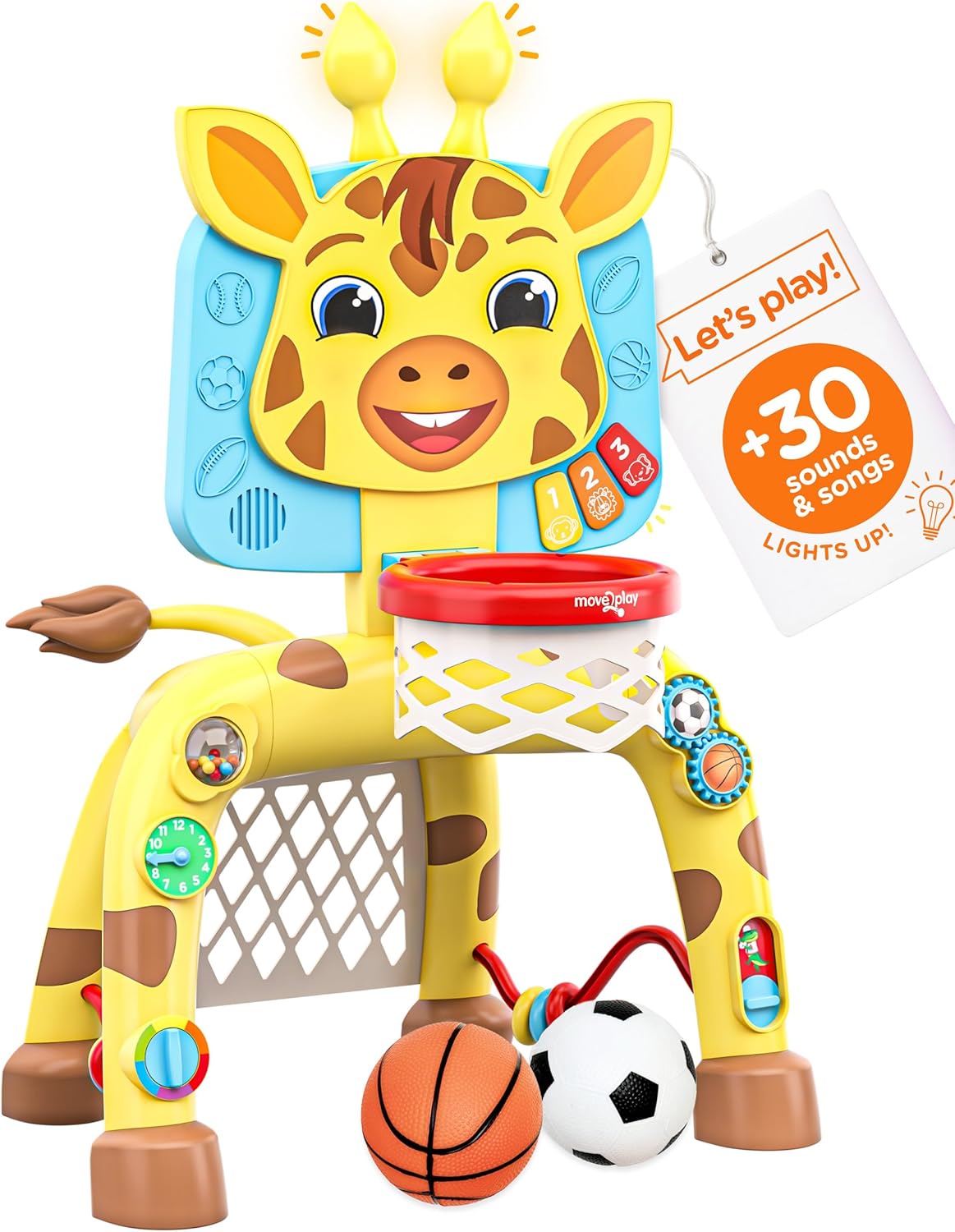 Move2Play, Giraffe Basketball Hoop & Soccer Goal Activity Center | 30+ Sounds & Lights | 1, 2, 3+ Year Old Christmas Gift & Birthday Present | 6, 12, 18, 24+ Month Toy For Baby, Toddler, Boys, & Girls