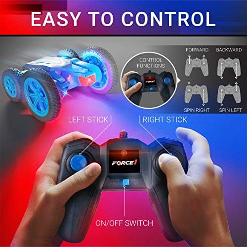 Force1 Tornado LED Remote Control Car for Kids- Double Sided Driving Fast RC Cars 360 Flips, Outdoor 4WD Off Road Stunt Car, All Terrain Tires, RC Crawler Rechargeable Battery and Easy Kids Car Remote