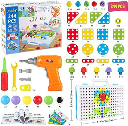 Educational Toys Building Blocks, 244 Pieces Electric Screwdriver DIY Building Toys for Boys and Girls, Educational Construction Building kit for Kids Ages 4 5 6 7 8 9 10 Year Old