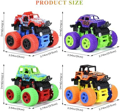 Monster Truck for Boys 3 4 5 6 7 Year Old,4 Pack Push and Go Friction Powered Car Toys, Double-Directions Inertia Pull Back Vehicle Set,Birthday Party Gift for Kids