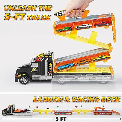 JOYIN Toy Truck for Kids,5-FT Race Track and 12 Die-Cast Metal Toy Cars, Racing Car with Lights & Sounds, Carrier Truck Toy Gift for 2 3 4 5 Years Old Boys and Girls