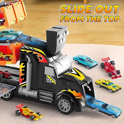 JOYIN Toy Truck for Kids,5-FT Race Track and 12 Die-Cast Metal Toy Cars, Racing Car with Lights & Sounds, Carrier Truck Toy Gift for 2 3 4 5 Years Old Boys and Girls