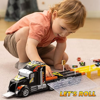 JOYIN Toy Truck for Kids,5-FT Race Track and 12 Die-Cast Metal Toy Cars, Racing Car with Lights & Sounds, Carrier Truck Toy Gift for 2 3 4 5 Years Old Boys and Girls