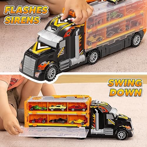 JOYIN Toy Truck for Kids,5-FT Race Track and 12 Die-Cast Metal Toy Cars, Racing Car with Lights & Sounds, Carrier Truck Toy Gift for 2 3 4 5 Years Old Boys and Girls