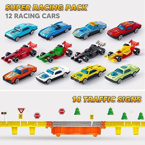 JOYIN Toy Truck for Kids,5-FT Race Track and 12 Die-Cast Metal Toy Cars, Racing Car with Lights & Sounds, Carrier Truck Toy Gift for 2 3 4 5 Years Old Boys and Girls