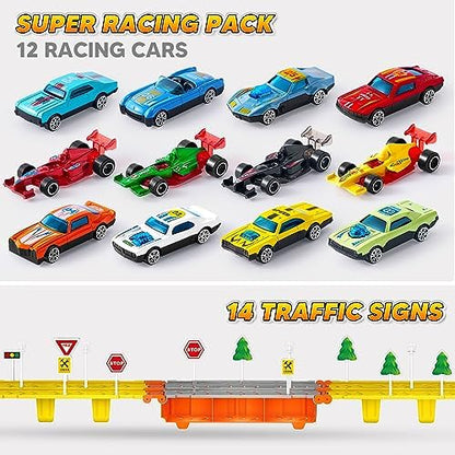 JOYIN Toy Truck for Kids,5-FT Race Track and 12 Die-Cast Metal Toy Cars, Racing Car with Lights & Sounds, Carrier Truck Toy Gift for 2 3 4 5 Years Old Boys and Girls