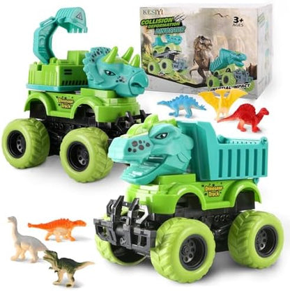 2 Pack-Dinosaur Toys for Kids 3-5 with 6 Mini Small Dinosaur Toys, Monster Truck Toys for 2 3 4 5 Year Old Boys Gifts, Ideal Monster Trucks for Toddlers 2-4 Years Christmas Birthday Gifts