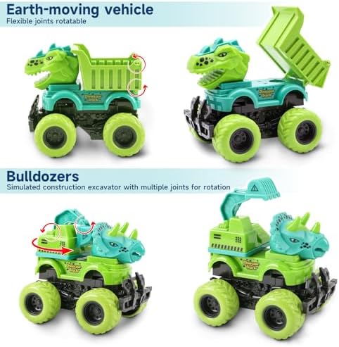 2 Pack-Dinosaur Toys for Kids 3-5 with 6 Mini Small Dinosaur Toys, Monster Truck Toys for 2 3 4 5 Year Old Boys Gifts, Ideal Monster Trucks for Toddlers 2-4 Years Christmas Birthday Gifts