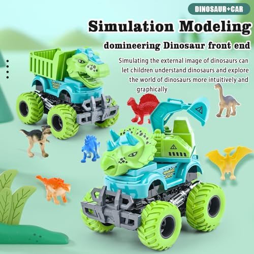 2 Pack-Dinosaur Toys for Kids 3-5 with 6 Mini Small Dinosaur Toys, Monster Truck Toys for 2 3 4 5 Year Old Boys Gifts, Ideal Monster Trucks for Toddlers 2-4 Years Christmas Birthday Gifts