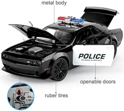 SASBSC Police Car Toys for Boys Age 3-12 1:22 Dodge Challenger Hellcat Toy Cars Diecast Metal Car Model with Light & Sound Collectable Muscle Cars for Kids 3+ Year Olds