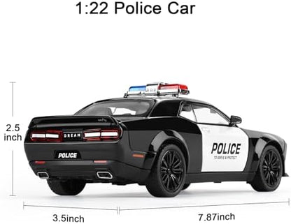 SASBSC Police Car Toys for Boys Age 3-12 1:22 Dodge Challenger Hellcat Toy Cars Diecast Metal Car Model with Light & Sound Collectable Muscle Cars for Kids 3+ Year Olds