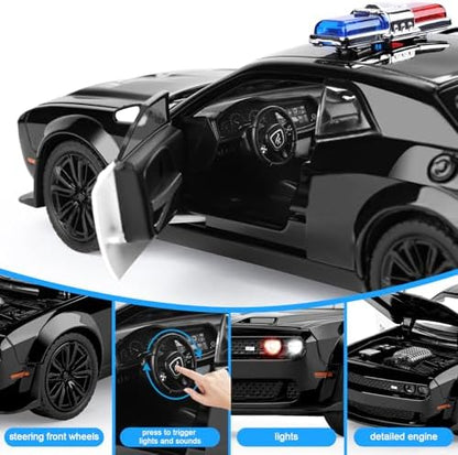 SASBSC Police Car Toys for Boys Age 3-12 1:22 Dodge Challenger Hellcat Toy Cars Diecast Metal Car Model with Light & Sound Collectable Muscle Cars for Kids 3+ Year Olds